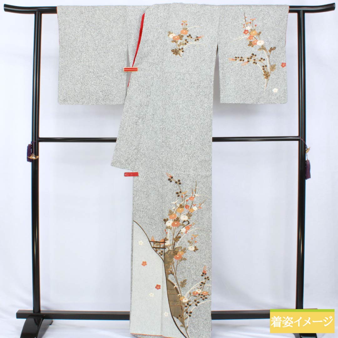 訪問着 正絹 Sランク 袷 身丈163cm 裄丈68cm 京友禅 付下げ タタキ染 草花 重ね衿 しつけ糸付き モノトーン 1112007642427