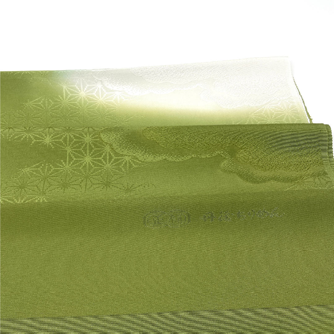 (Like New) Semi-Formal Silk Obiage (Sash) in Willow and Bamboo Color (Yanagi Susu Takeiro) with a Classic Hemp Leaf and Cloud Pattern, Approximately 180cm Long, 32cm Wide, Green, Product Number: 1136001461919