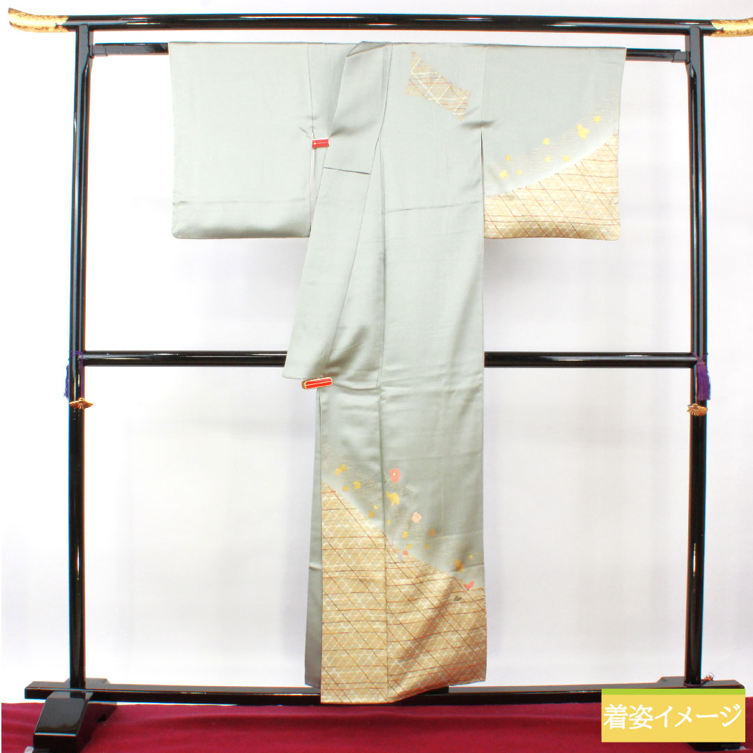 Homongi, pure silk, lined, length 154cm, sleeve length 65cm, Kyoto Yuzen, embroidery, A rank, green, 1112004123219