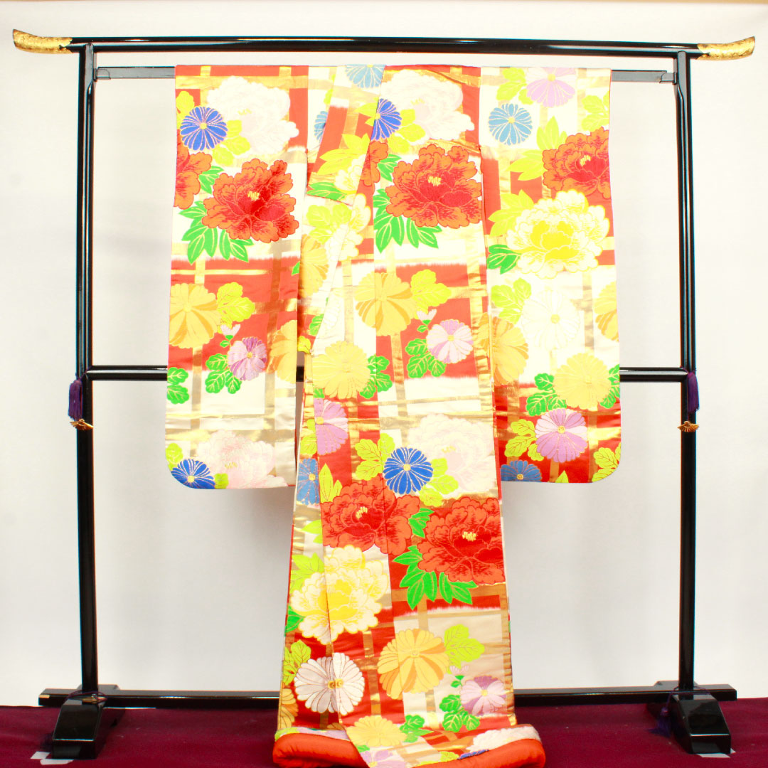 色打掛 身丈185cm  緋色 市松 花模様 正絹 Aランク 袷 朱系 1110000493916