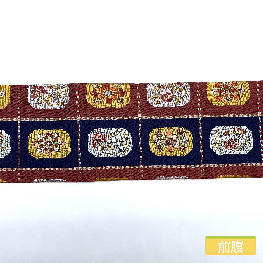 名古屋帯 正絹 蘇芳色（すおういろ） 市松 抽象花模様 帯丈358cm Sランク 六通 カジュアル 茶系 1124006412314 名古屋仕立て