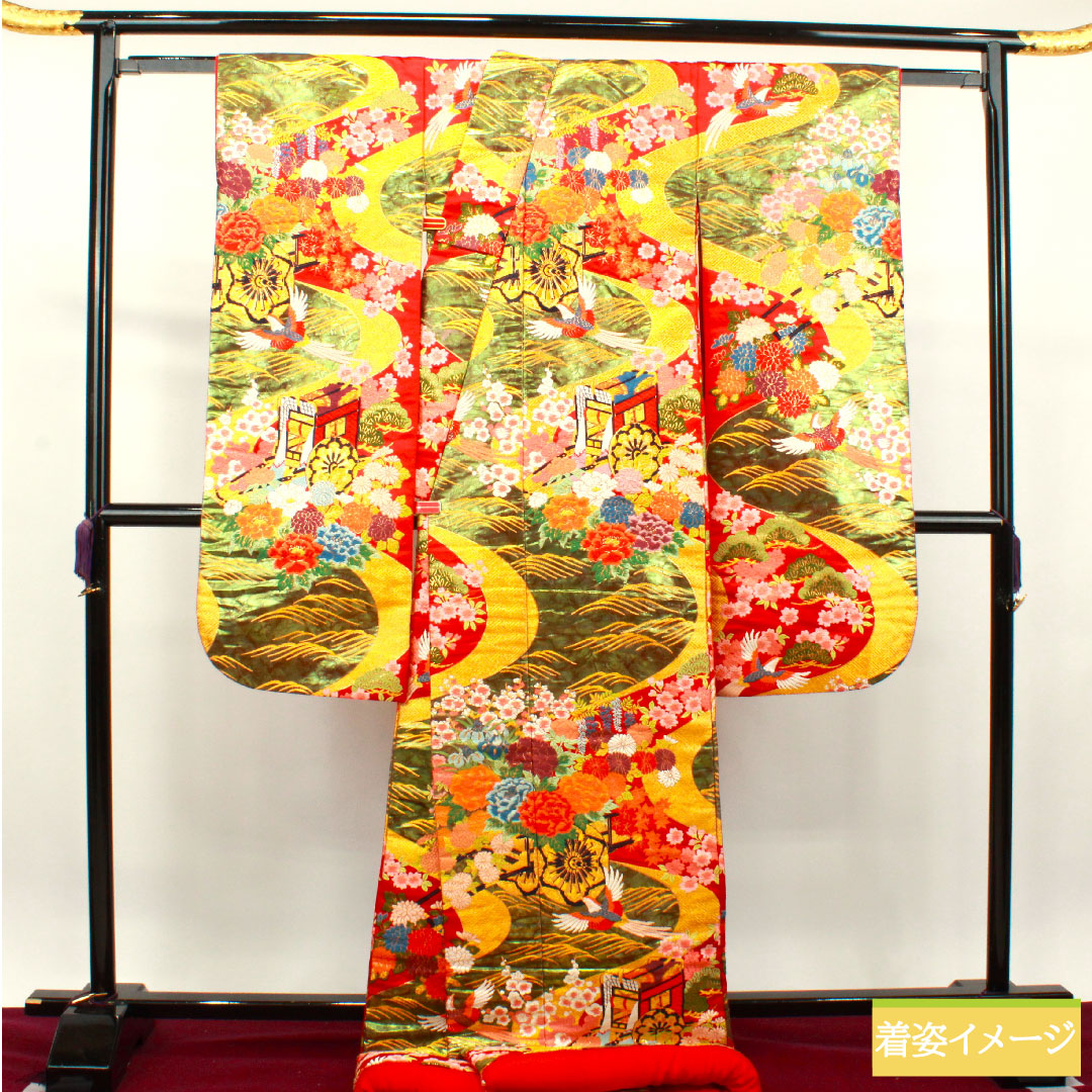 色打掛 正絹 身丈192cm 裄丈65cm  唐織 花車 草花模様 Sランク 袷 グラデーション系 1110000752999