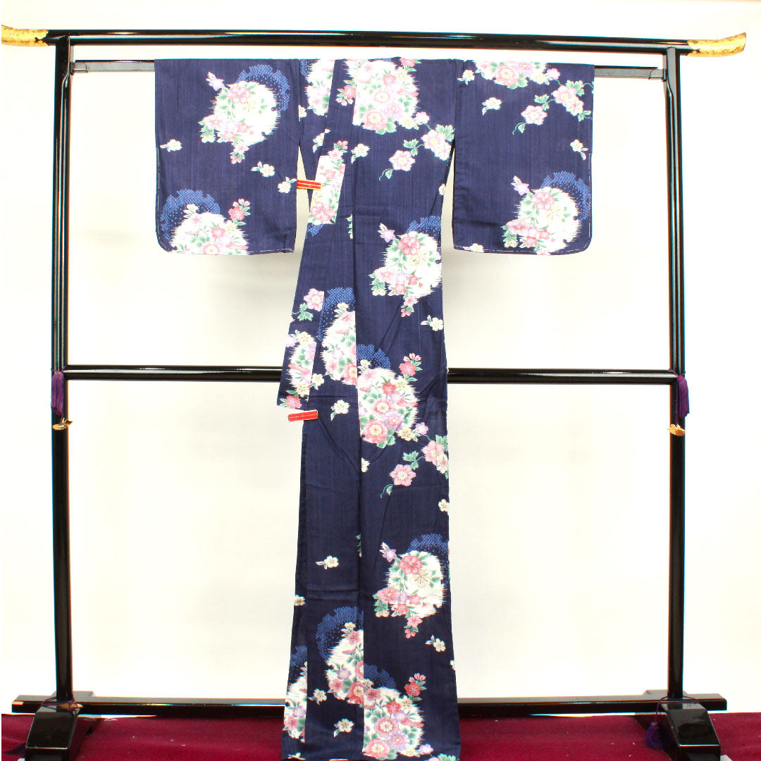 Yukata with basting thread, unused, navy blue, snowflake, floral pattern, cotton, S rank, single layer, length 171cm, sleeve length 65.5cm, navy blue, 1118002072618