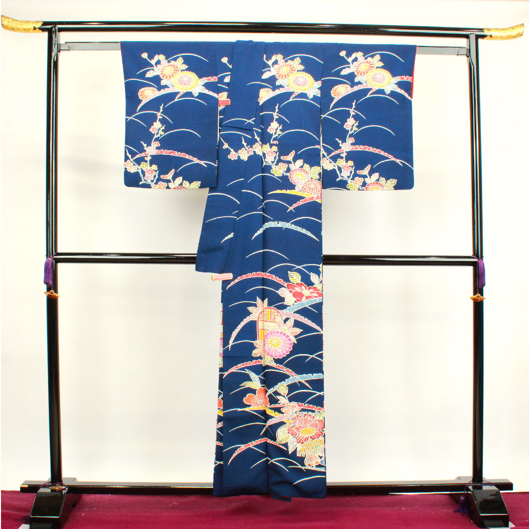 小紋 身丈156.5cm 裄丈62cm 袷  紺藍色 京紅型 菊 露芝  正絹 Sランク 紺系 1115003382318