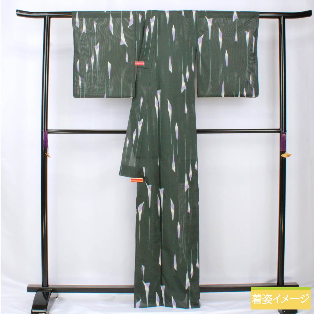Summer kimono, polyester, small pattern, length 166cm, sleeve length 65cm, washable kimono, silk, S rank, green, 1132002342519
