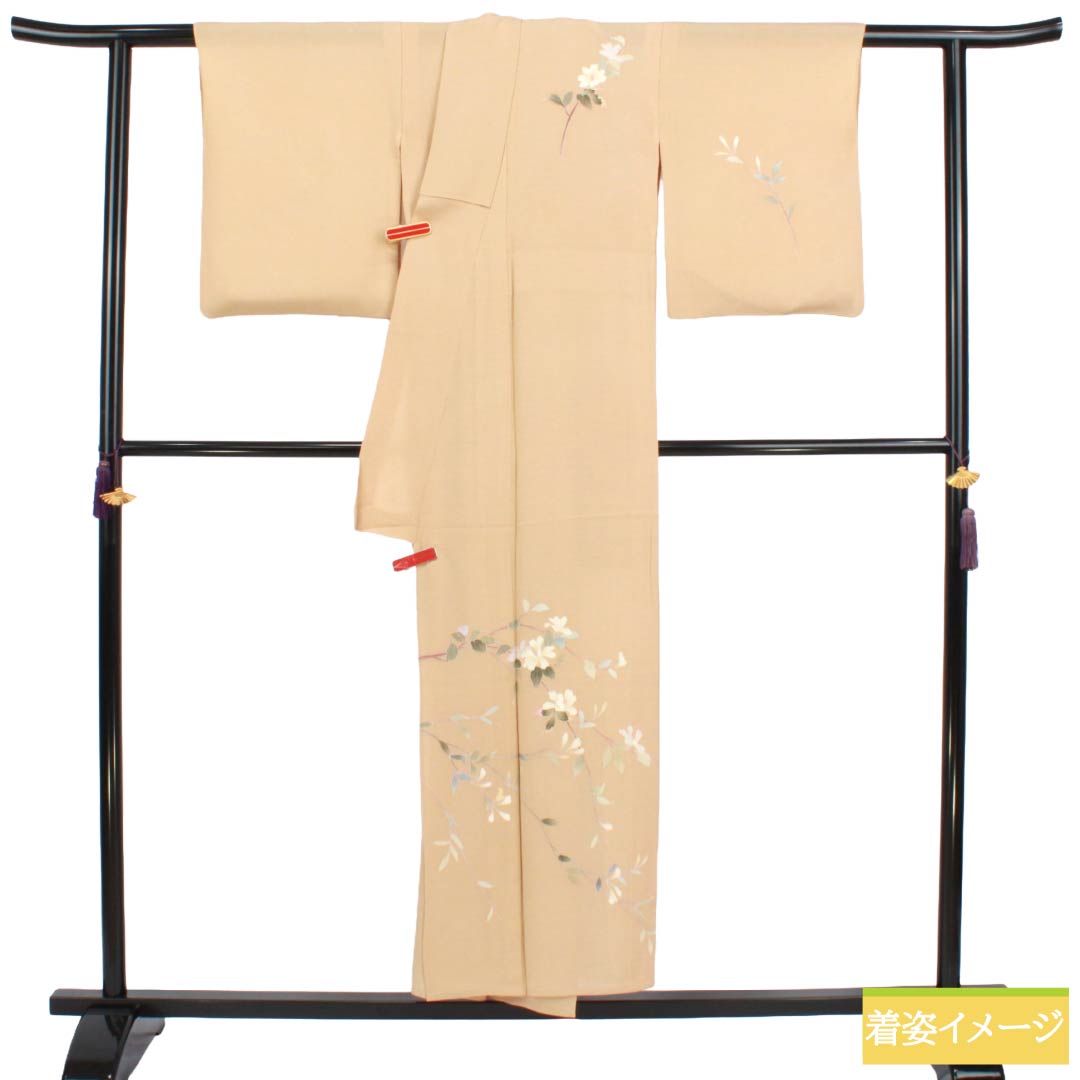 夏物 正絹 付下げ Sランク 身丈150.5cm 裄丈62cm 丁子色（ちょうじいろ） 南克治 加賀友禅 一つ紋 絽 ベージュ系 1132005062125