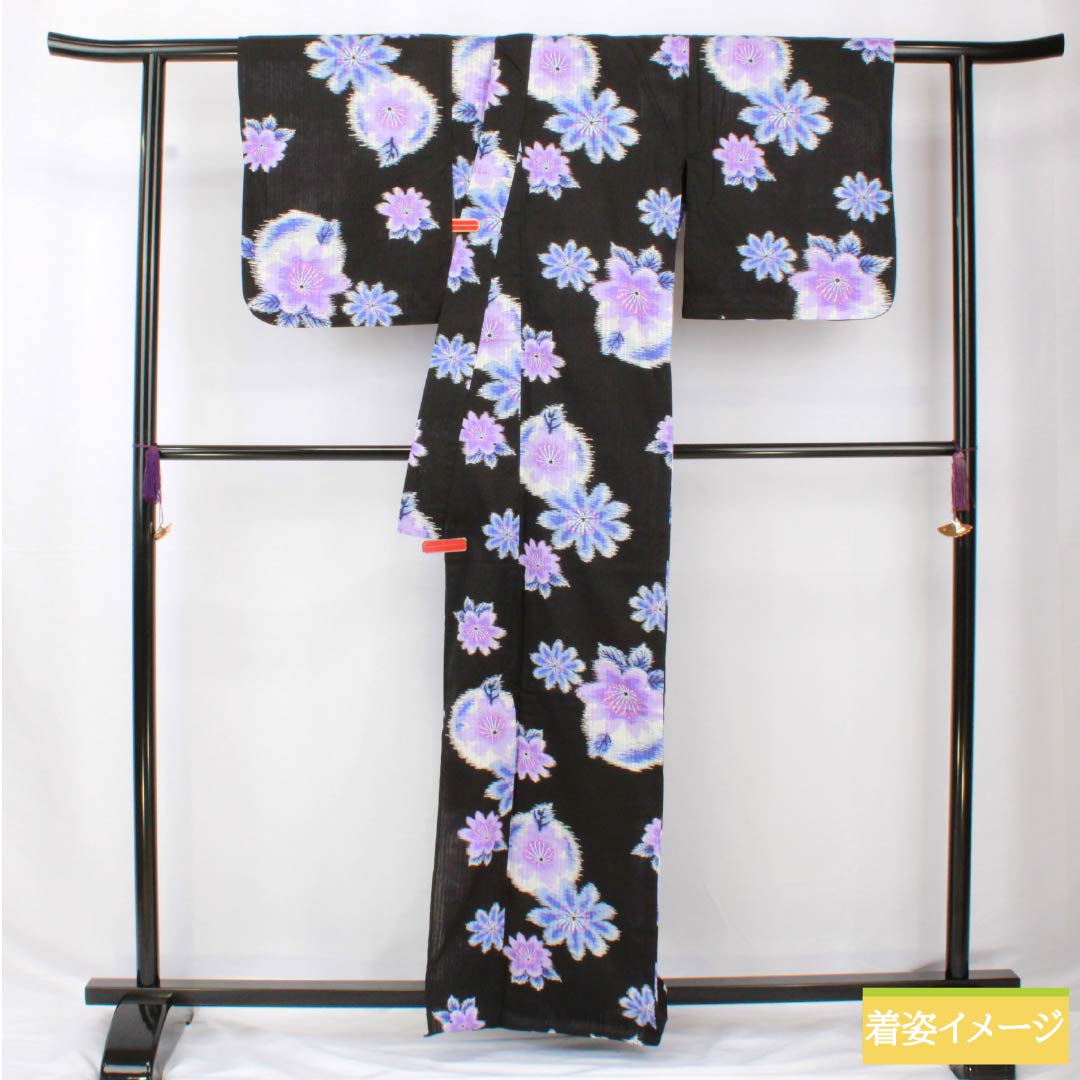 浴衣 木綿 身丈164.5cm 裄丈66.5cm Sランク 単衣 黒系 抽象花 1118005942410