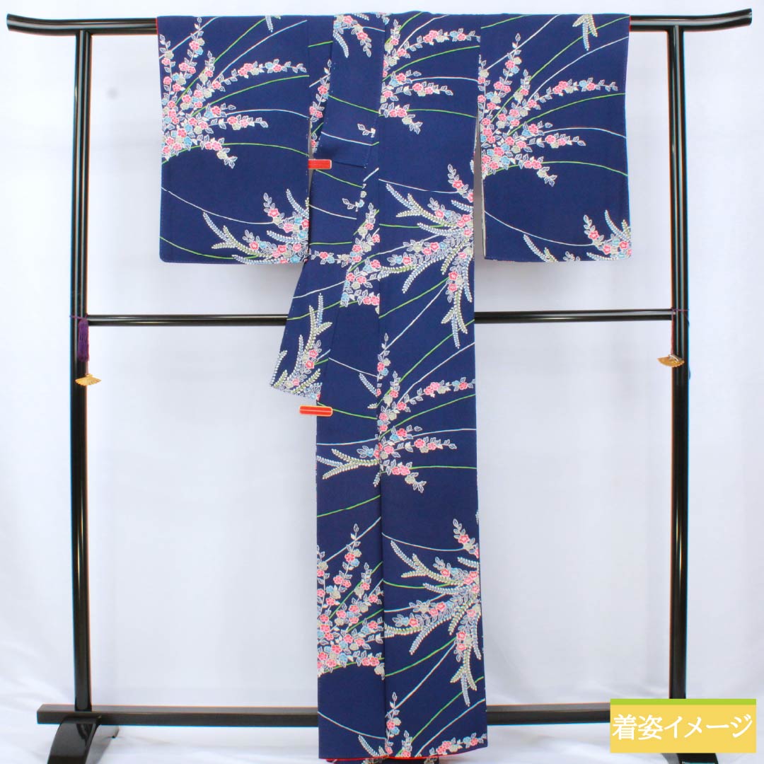 小紋 正絹 Sランク 身丈159.5cm 裄丈63cm 袷 紺色（こんいろ） 型染 草花模様 紺系 1115006842318