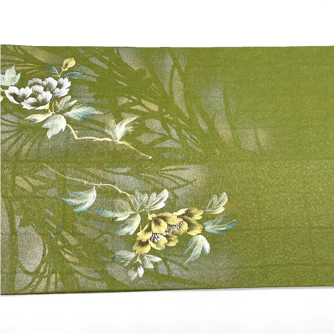 Fukuro Obi (Pine Needle Color) Flower Pattern Dyed Obi Length 440cm Pure Silk B Rank Point Pattern Semi-Formal Green 1123005534319