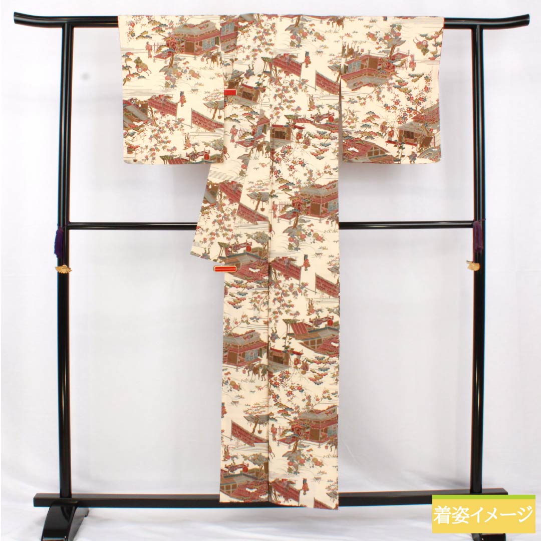 小紋 正絹 身丈156.5cm 裄丈62cm 袷 砥粉色（とのこいろ） 型染 時代絵巻 Bランク クリーム系 1115005054315