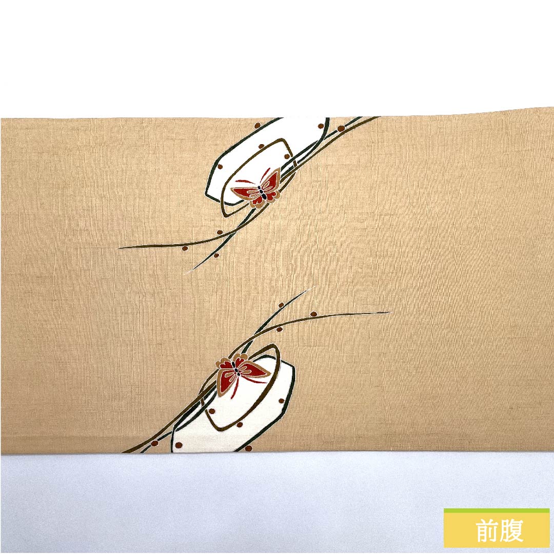袋帯 薄柿色（うすがきいろ） 蝶 染め帯 紬地 帯丈462cm 正絹 Sランク ポイント柄 カジュアル 橙系 1123010622426