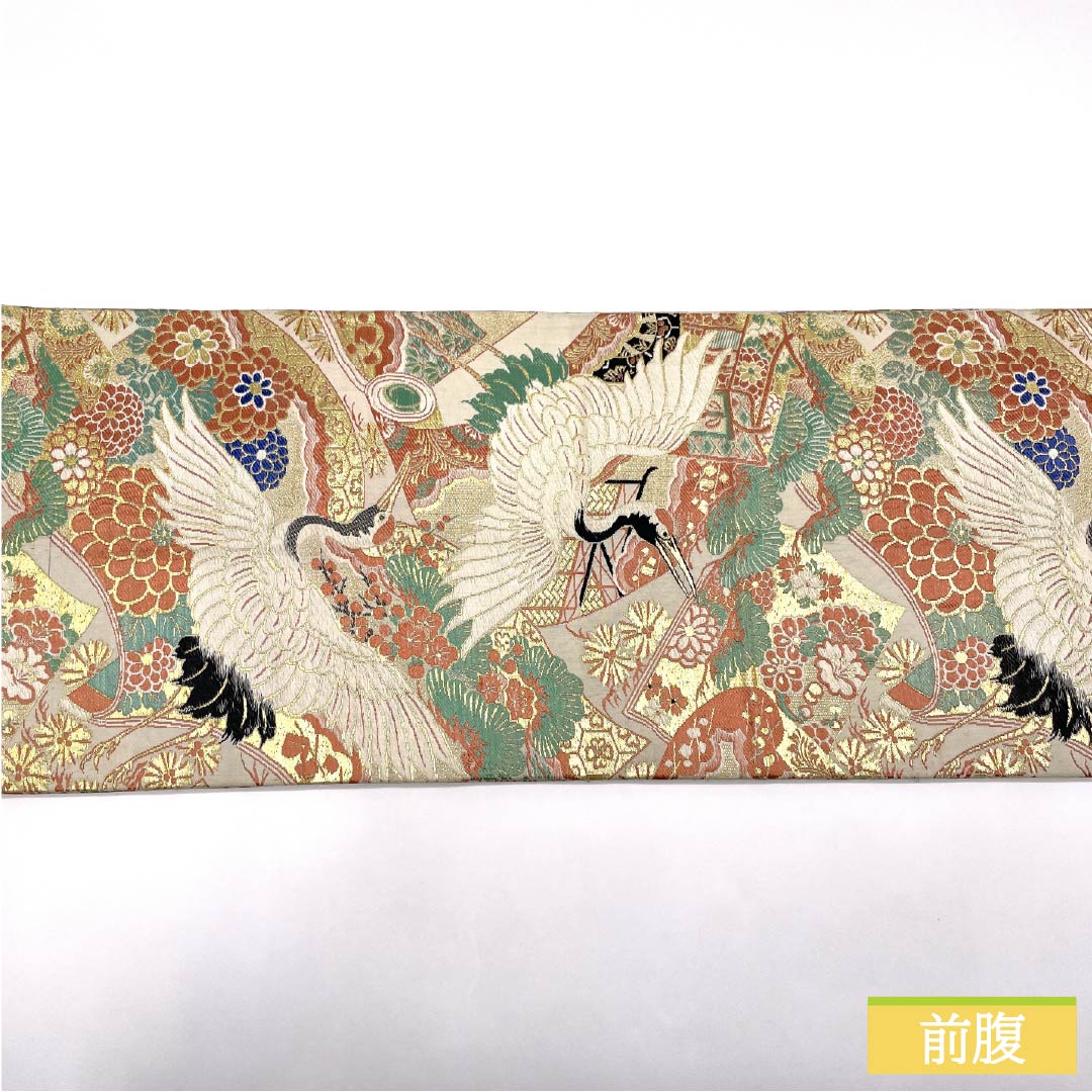 （丸帯）袋帯 正絹 Aランク 丸帯 留袖用 古典柄 鶴 菊 帯丈376cm 全通 フォーマル 金系 1123015773321
