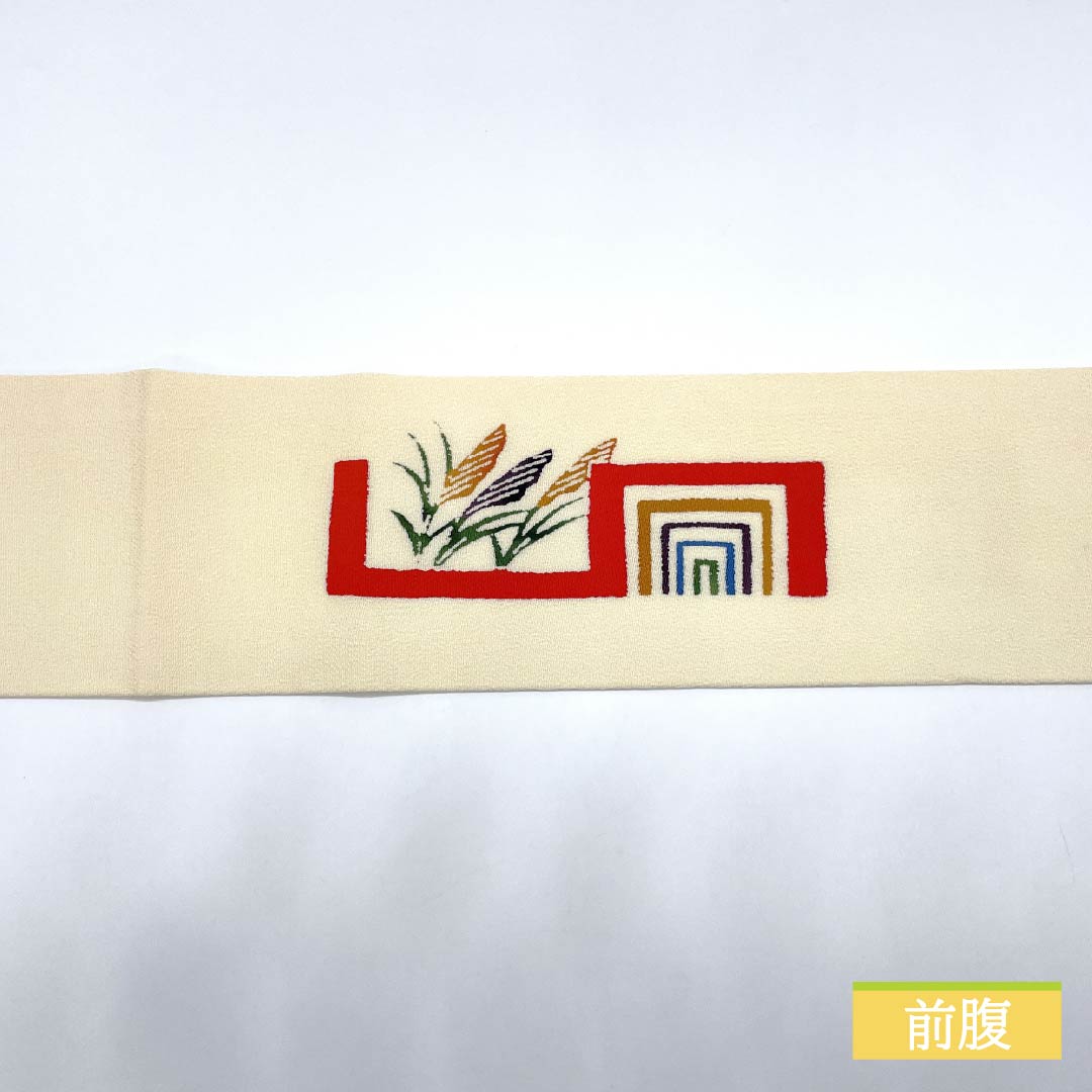 Nagoya obi, natural color (kinariiro), crepe fabric, stencil dyed, Japanese silver grass, obi length 376cm, pure silk, S rank, point pattern, casual, cream color, 1124008242315, Nagoya tailoring