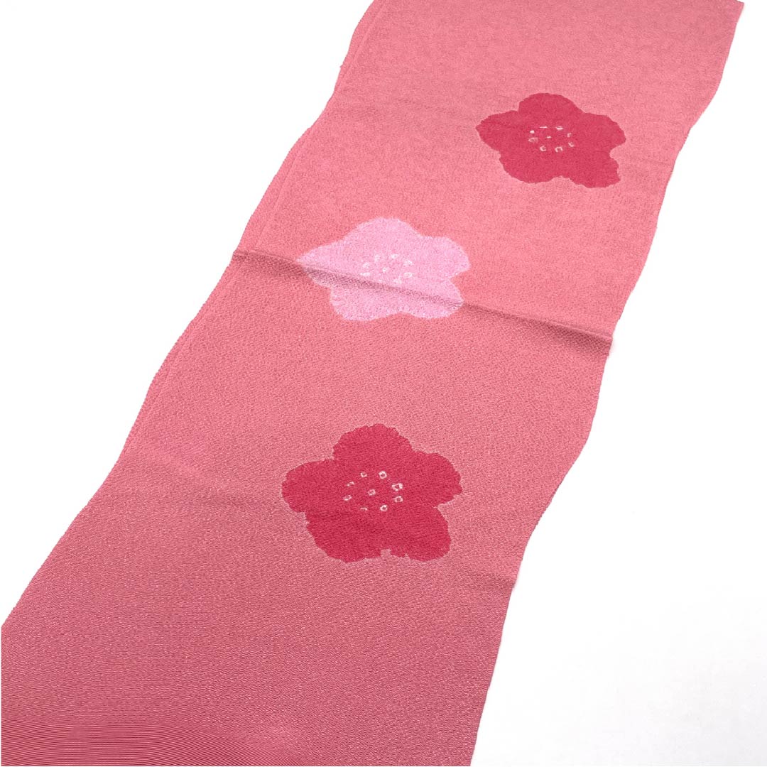 Obiage Chirimen Casual Medium crimson color (Nakano Kurenaiiro) Shibori Plum Flower pattern Length approx. 164cm Width approx. 27cm S rank Pink 1136000322913