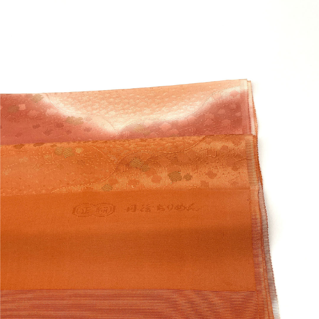 (Like New) Semi-Formal Silk Obiage (Sash) in Coral Blue (Sangoiro) with Tango Chirimen Chirimen Gradient and Cherry Blossom Design, Approximately 180cm Long, 32cm Wide, Orange, Product Number: 1136001181926
