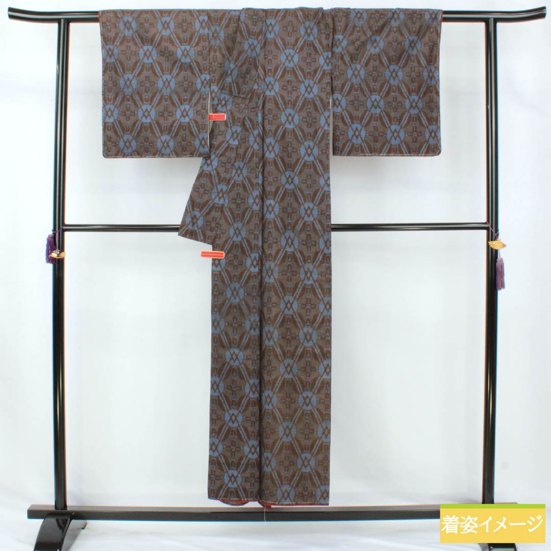 Tsumugi silk, S rank, length 150cm, Yuki 63cm, Ochiguri-iro (dark chestnut color), abstract pattern, with basting stitches, Awasé, brown family, 1116004812114