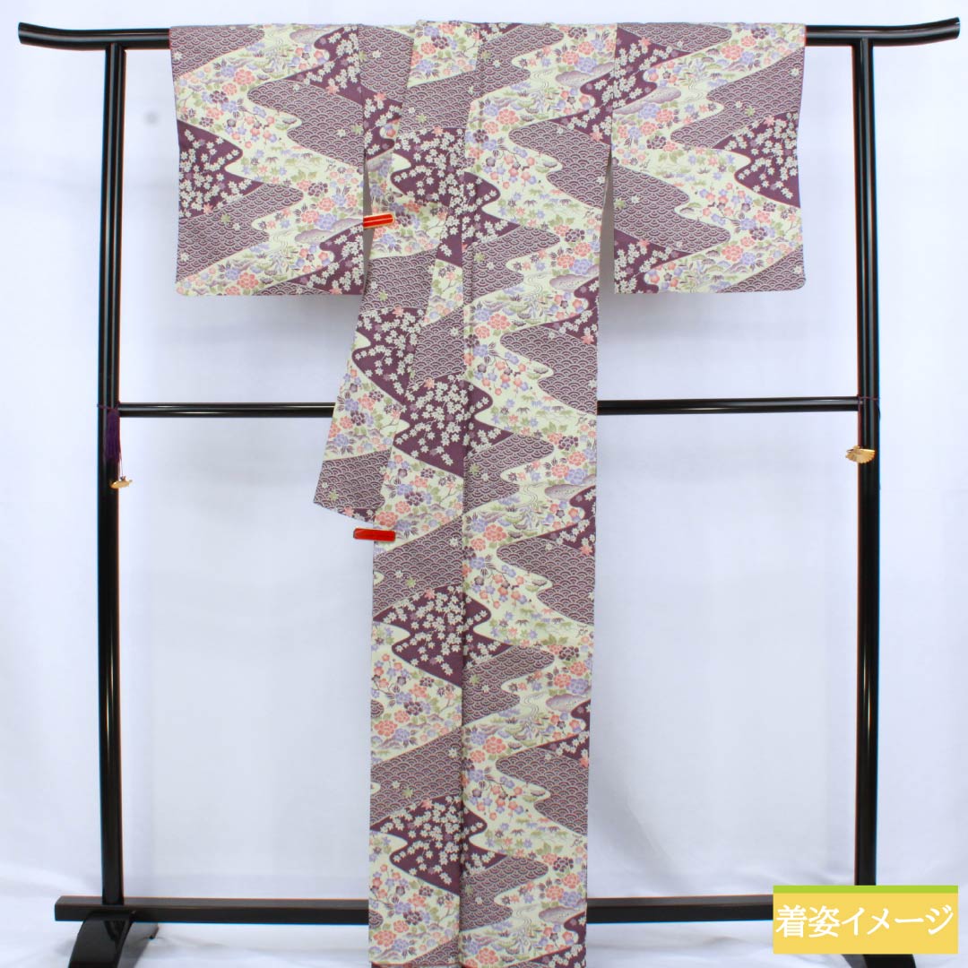 小紋 ポリエステル Sランク 身丈164cm 裄丈65.5cm 袷 古代紫色（こだいむらさきいろ） 古典柄 洗える着物 紫系 1115006782420