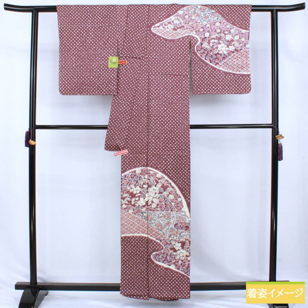 訪問着 正絹 Sランク 袷 身丈158cm 裄丈64cm 牡丹鼠色（ぼたんねずいろ） 絞り 辻ヶ花 しつけ糸付き 紫系 1112007732320