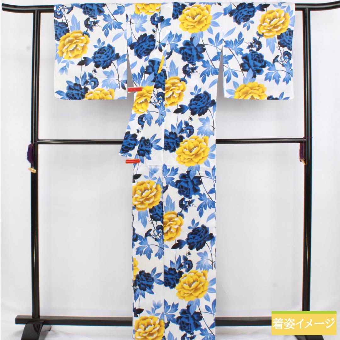 （新品未使用品）浴衣 木綿 身丈163.5cm 裄丈69cm NEWランク 単衣 白系 型染 牡丹 未使用品 1118006801411