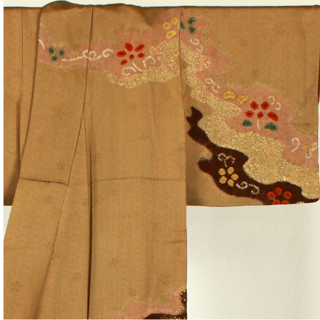 Homongi, lined, length 145.5cm, sleeve length 60cm, Sayagata, flowing water, tie-dye, pure silk, S rank, brown, 1112000302114