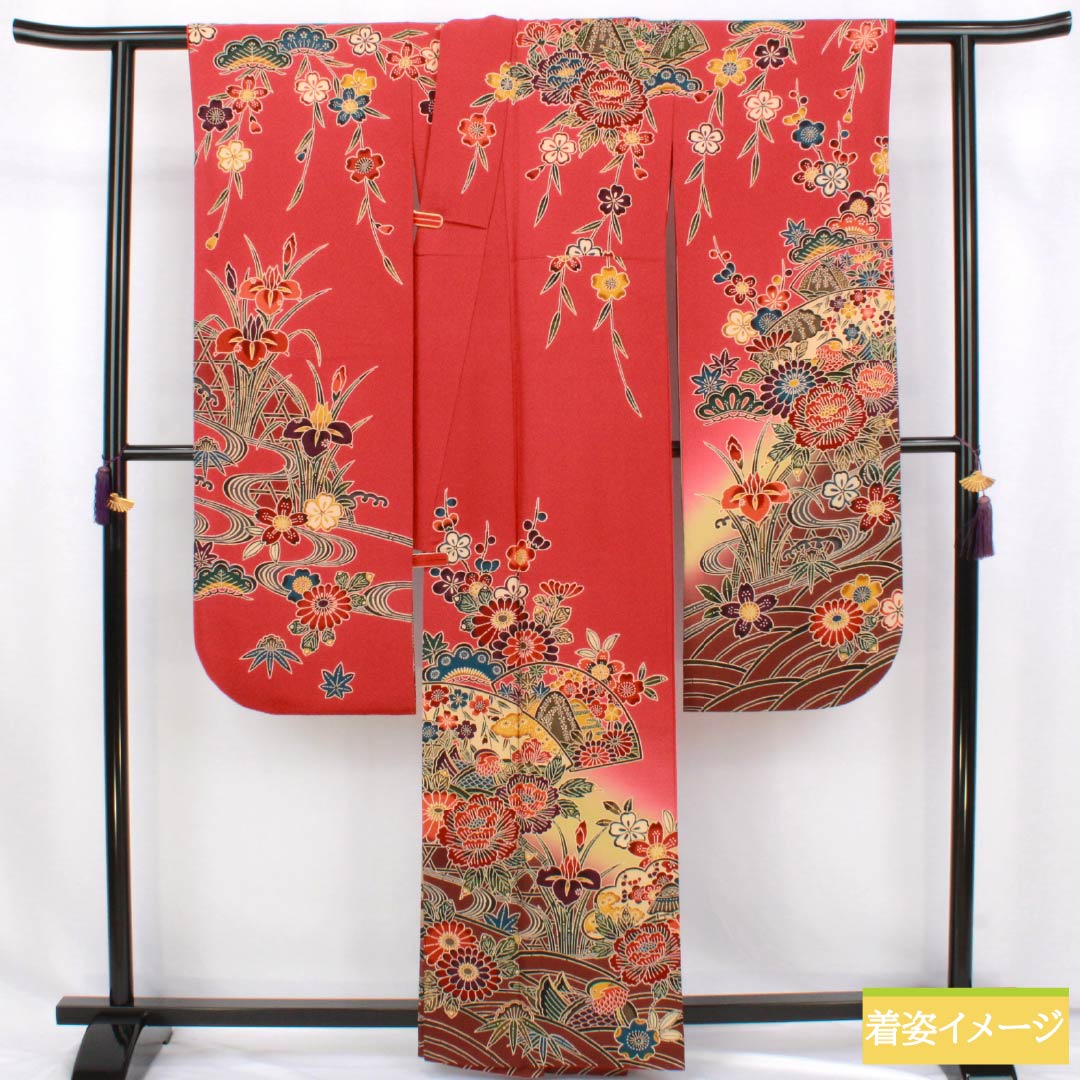 振袖 正絹 Sランク 身丈162.5cm 裄丈68cm 袷 紅絹色（もみいろ） 京紅型 吉祥文様 草花 扇面 流水 赤系 1113002672412