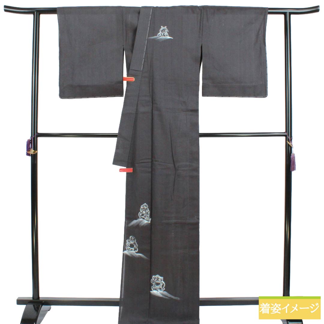 夏物 正絹 訪問着 Sランク 身丈167cm 裄丈68cm 付下げ 手描き 紬地 七福神 絽 黒系 1132003572510