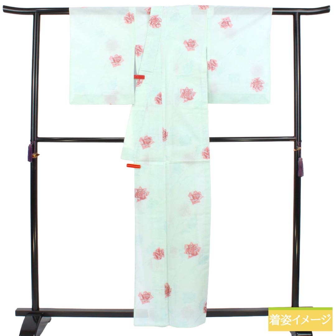 夏物 ポリエステル お召 Aランク 身丈159.5cm 裄丈64.5cm 青白磁色（せいはくじいろ） すくい織 薔薇 洗える着物 紗 水色系 1132004963324