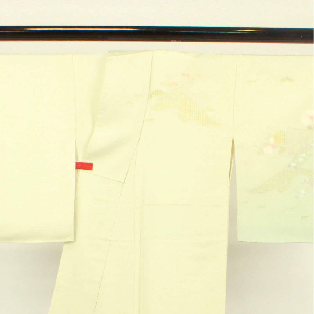 訪問着 袷 身丈159.5cm 裄丈65cm 翠山刺繡 利休白茶色 汕頭刺繡 蘇州刺繡 片喰 正絹 Sランク 緑系 1112002242319