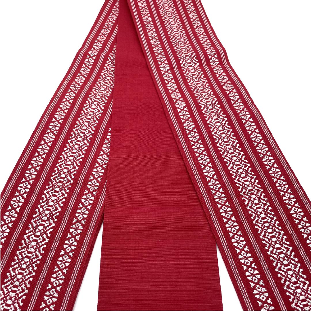 [Untailored] Half-width Obi, Cotton, A-rank, Madder Red, Kenjo Pattern, Hakata-ori. Obi Length 316cm, Vermillion Family. 1125001673316