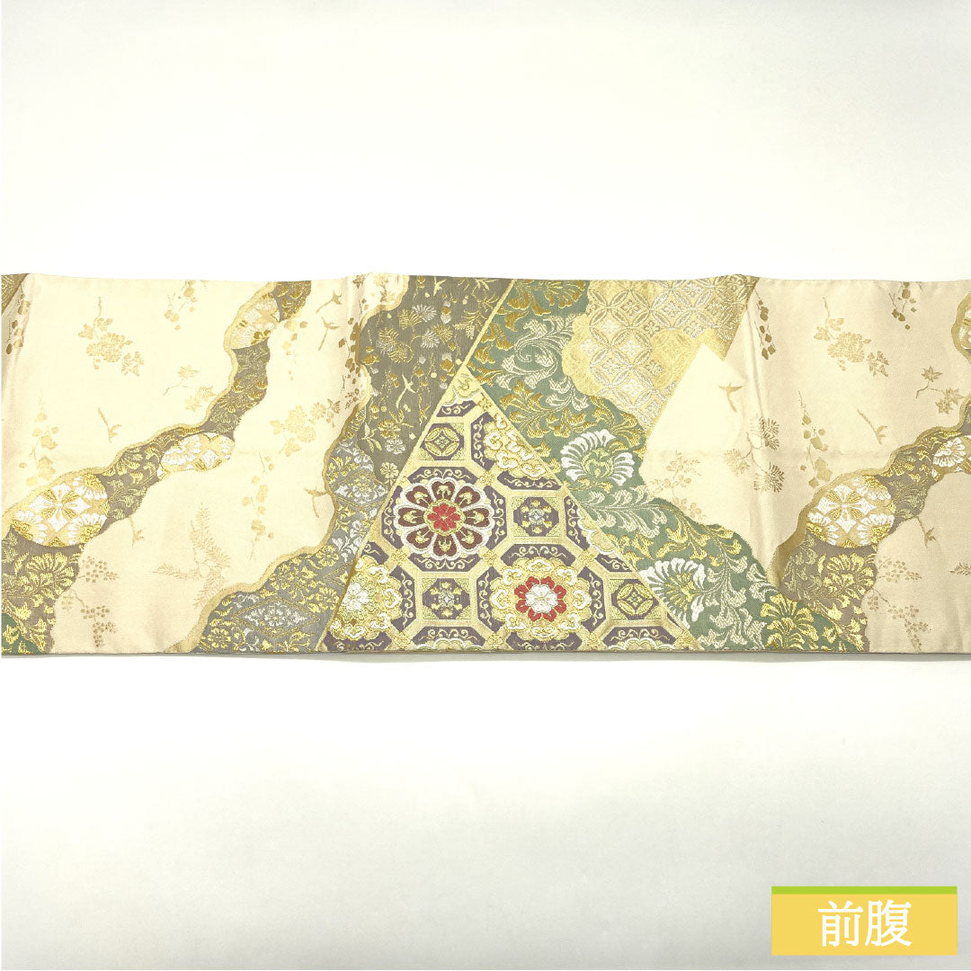 Fukuro Obi (sash), pure silk, B-grade, milky white, Nishijin-ori (fine weave), auspicious motifs, length 448cm, six-pass, formal, cream-colored, product number 1123016094315