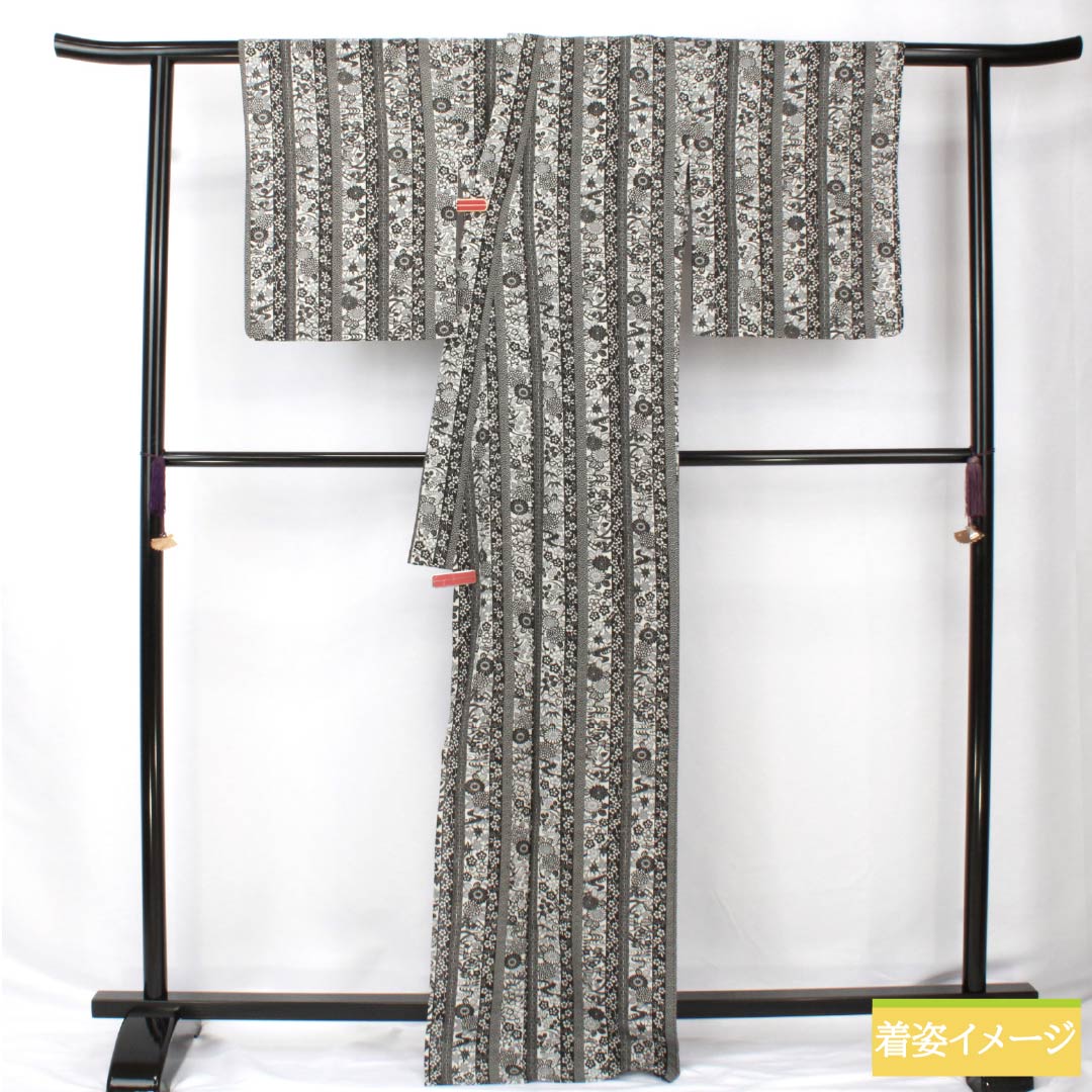 Summer kimono, polyester, small pattern, length 170cm, sleeve length 67cm, stripes, auspicious pattern, washable kimono, gauze, S rank, monotone, 1132002272627