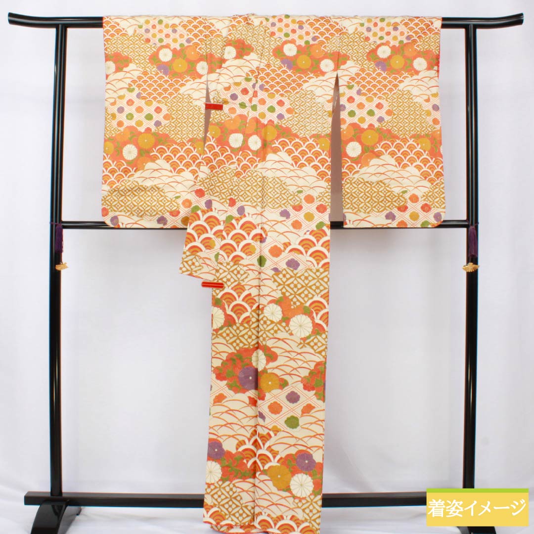 訪問着 正絹 Aランク 袷 身丈164cm 裄丈62cm 赤橙色（あかだいだいいろ） 京友禅 吉祥文様 菊 青海波 橙系 1112006593426
