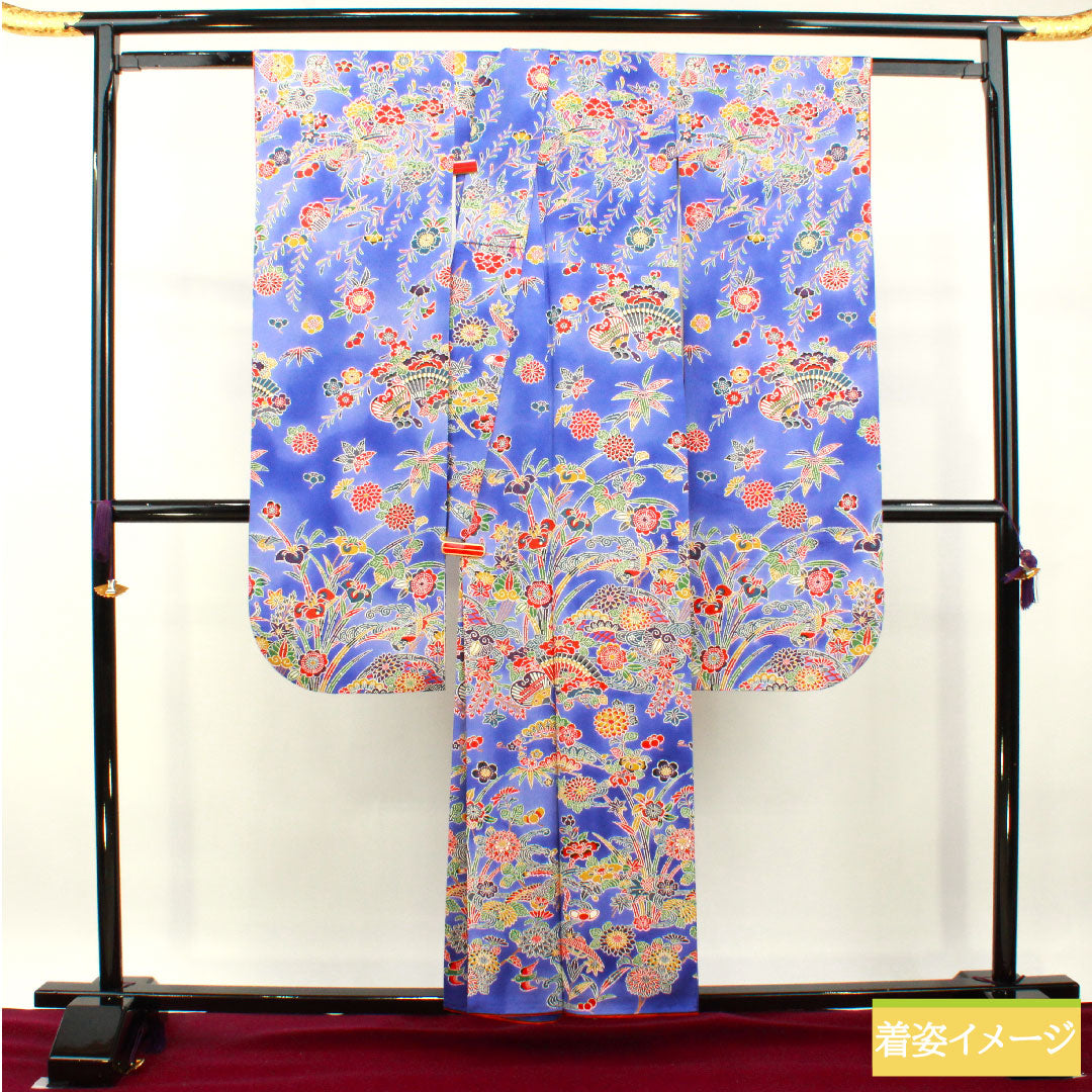Furisode, pure silk, length 156cm, sleeve length 62.5cm, lined, Kyoto Bingata, auspicious pattern, A rank, navy blue, 1113001893318