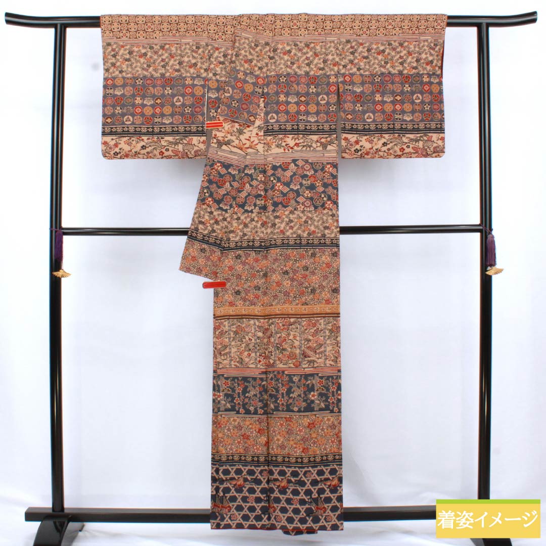 訪問着 正絹 Aランク 袷 身丈156.5cm 裄丈61.5cm 丁子茶色（ちょうじちゃいろ） 京紅型 吉祥文様 橙系 1112006253326