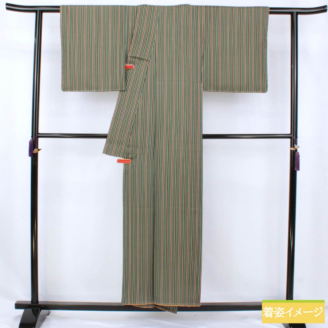 小紋 正絹 Sランク 身丈152cm 裄丈64.5cm 袷 利休鼠色（りきゅうねずみいろ） 縞 しつけ糸付き 緑系 1115007682219