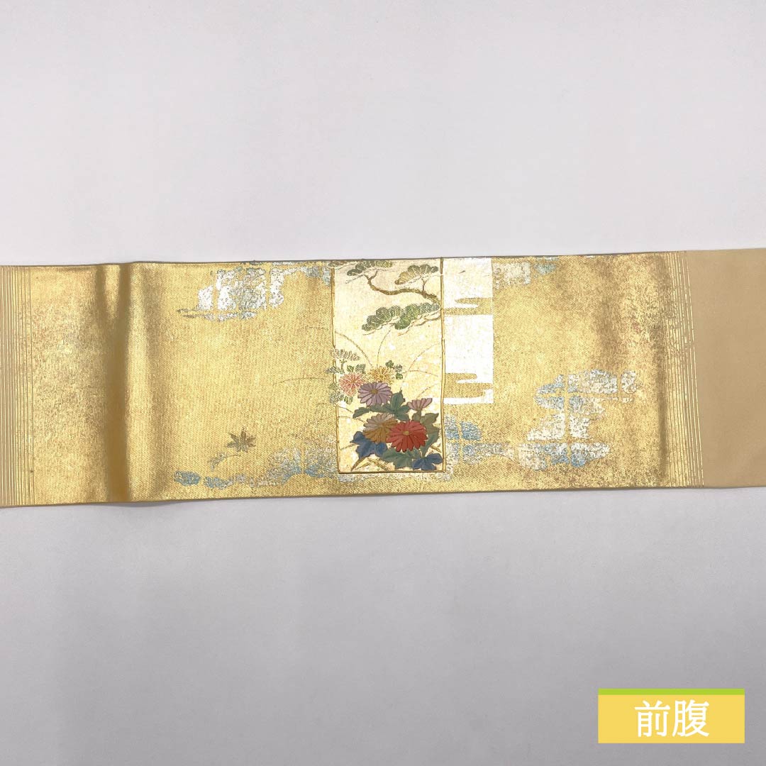 Nagoya Obi Embroidered with Chrysanthemum, Cherry Blossom, and Plum Blossom Designs, 360cm Long, Pure Silk, S-Rank, Pointed Pattern, Gold, Semi-Formal, 1124008532321, Nagoya Style