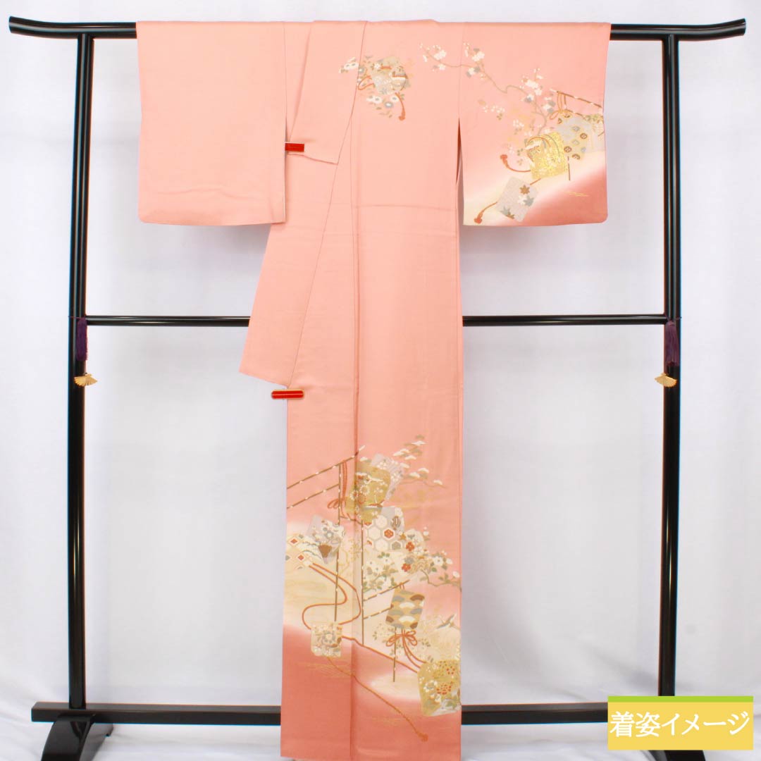訪問着 正絹 Sランク 袷 身丈163.5cm 裄丈64cm 鴇色（ときいろ） 京友禅 古典柄 色紙 ピンク系 1112006632413