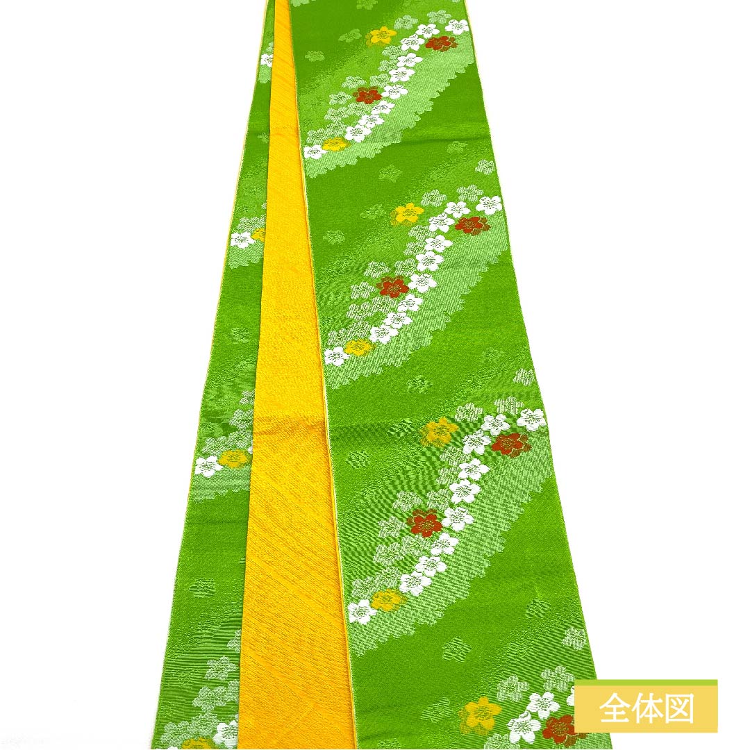 [Unsewn] Half-width obi, polyester, S rank, Moegi-iro (light green), floral pattern, small cherry blossoms, reversible, classic pattern, obi length 342cm, green family, 1125000922319