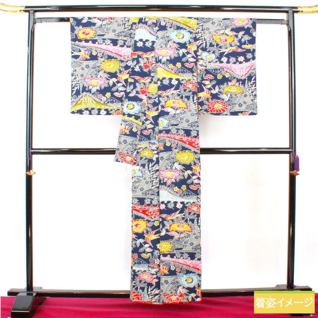 小紋 正絹 身丈160cm 裄丈64cm 袷 濃紺色（のうこんいろ） 京紅型 吉祥文様 Aランク 紺系 1115004433418