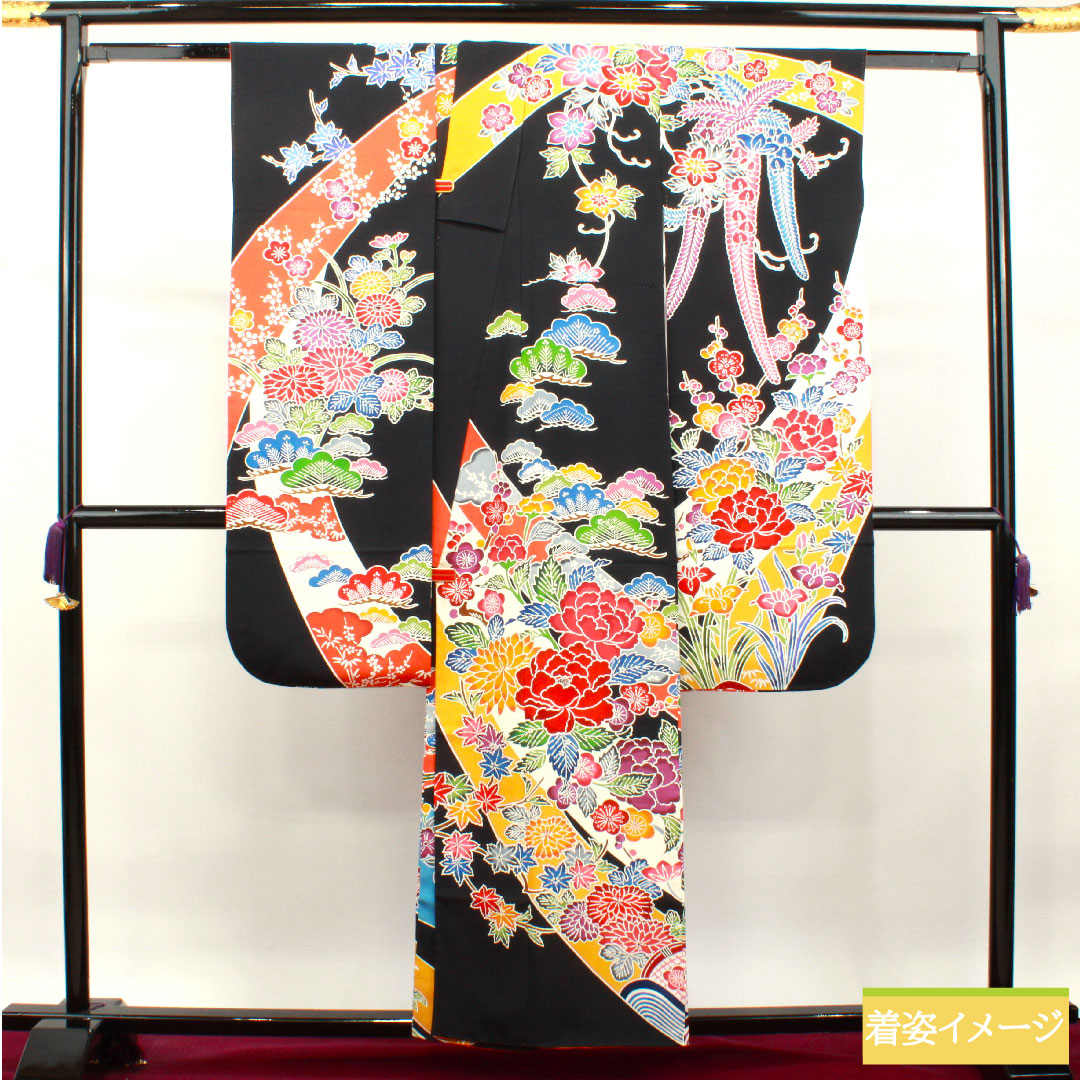 振袖 正絹 身丈157cm 裄丈63cm 袷  京紅型 草花模様  Sランク 黒系 1113001862310