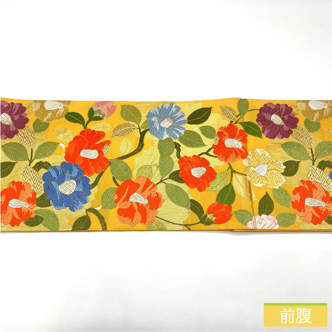 Formal, yellow-toned obi, pure silk, S-rank, Nishijin-ori (Karaori) weave, camellia pattern, length 424cm, six-pass, yellow, 1123017062323
