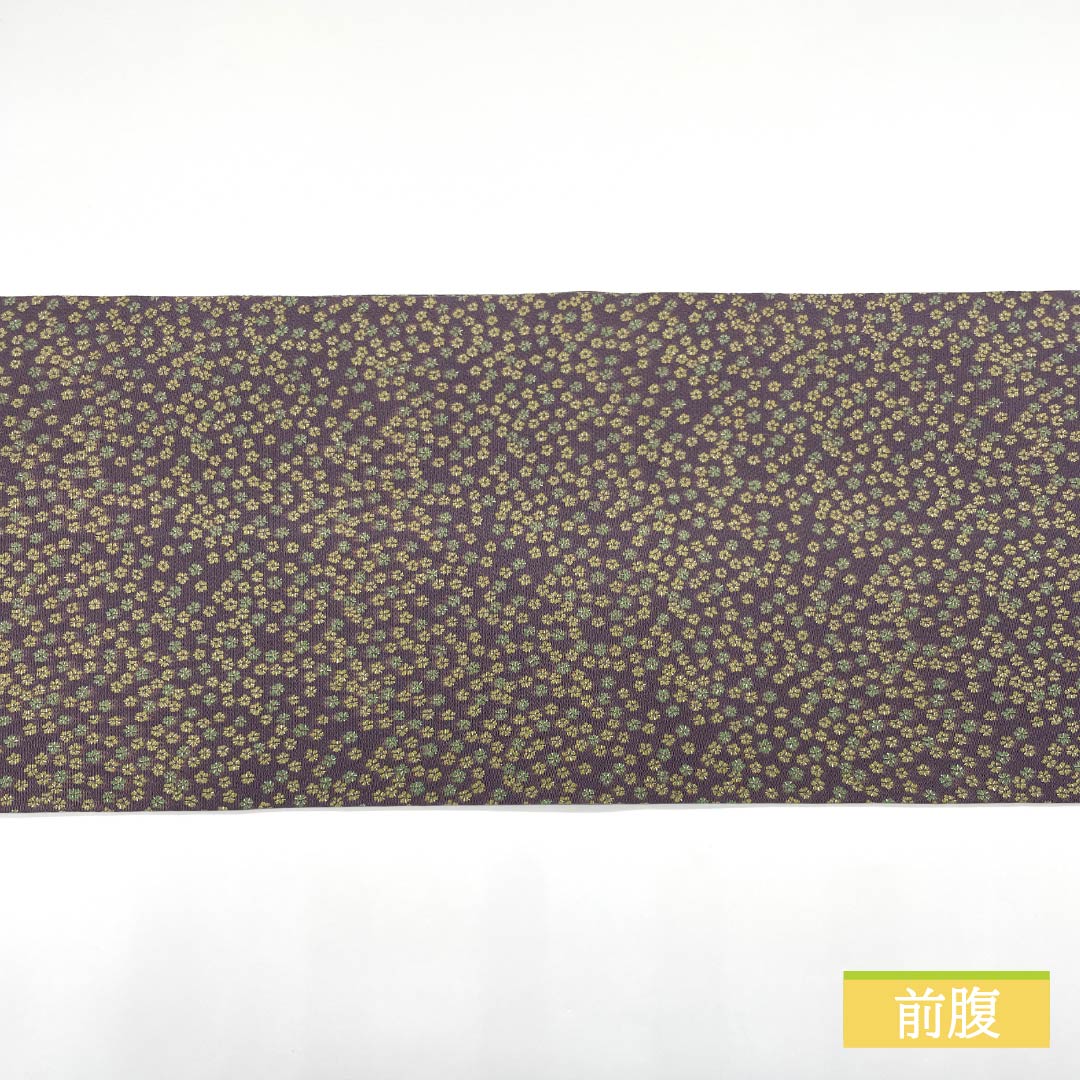 名古屋帯 滅紫色（けしむらさきいろ） 染め帯 ちりめん地 小花模様 帯丈354cm 正絹 Sランク 全通 カジュアル 紫系 1124008142320 開き仕立て