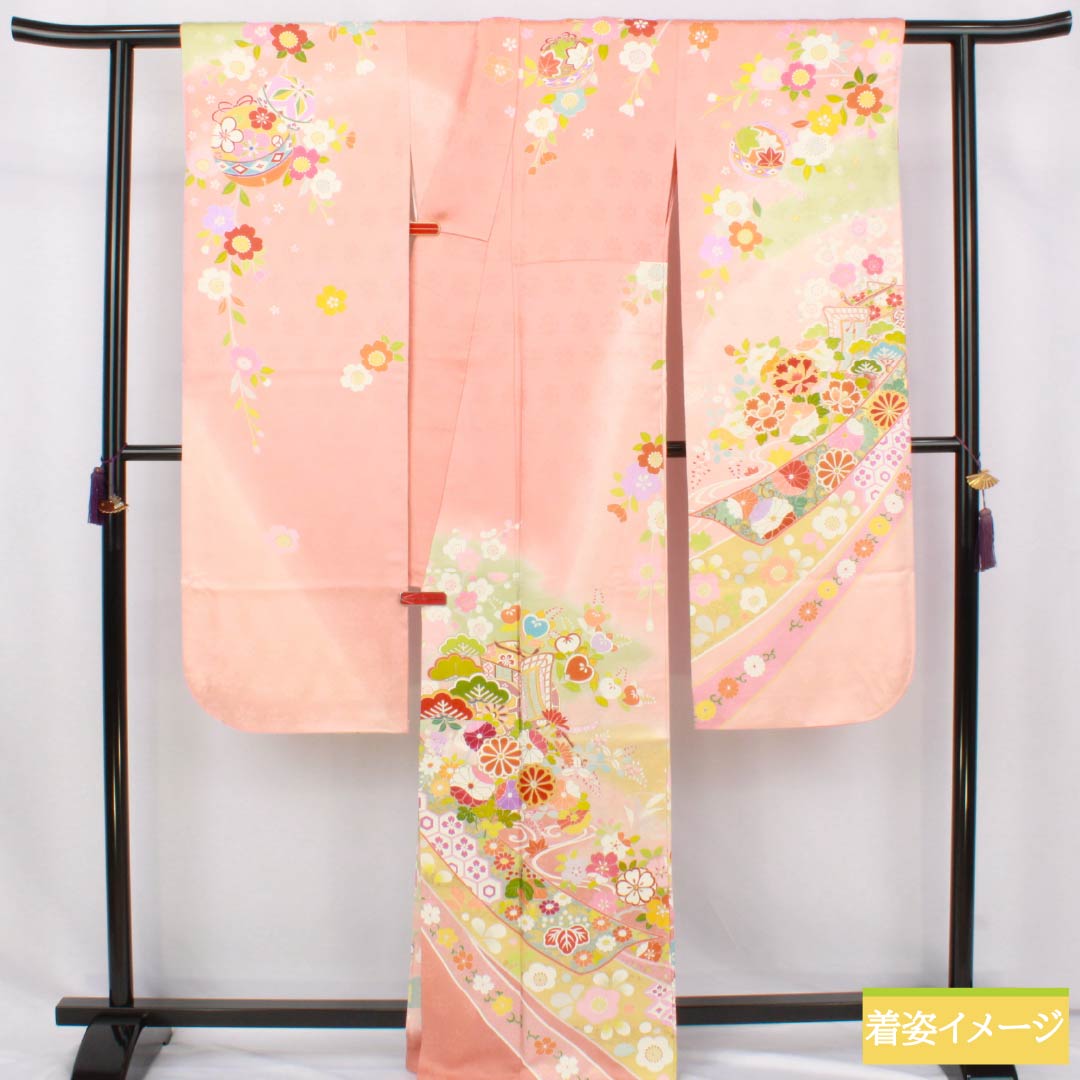 Silk Furisode, S Rank, Length 164.5cm, Sleeve-to-Sleeve 68cm, Lined, Coral Pink, Kyo Yuzen, Auspicious Patterns, Goshoguruma, Tanenoshi, Pearl Tone Processed, Pink Family, 1113002582413