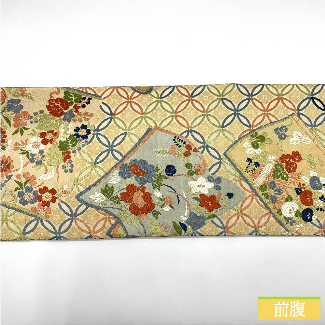 (Maru obi) Fukuro obi, pure silk, off-white (kinari-iro), Maru obi, Japanese style, Shippo, floral pattern, obi length 410cm, S rank, full length, formal, cream color, 1123013932315