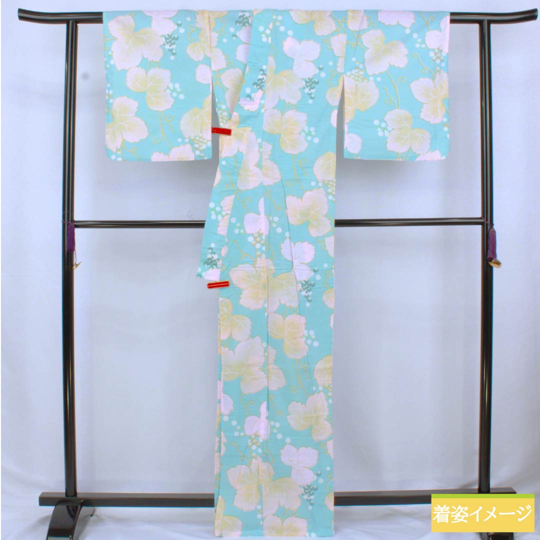 Cotton Yukata, Length 166cm, Sleeve Length 64cm, A Rank, Single Layer, Light Blue, Grape and Ivy Pattern, Product Number: 1118006503524