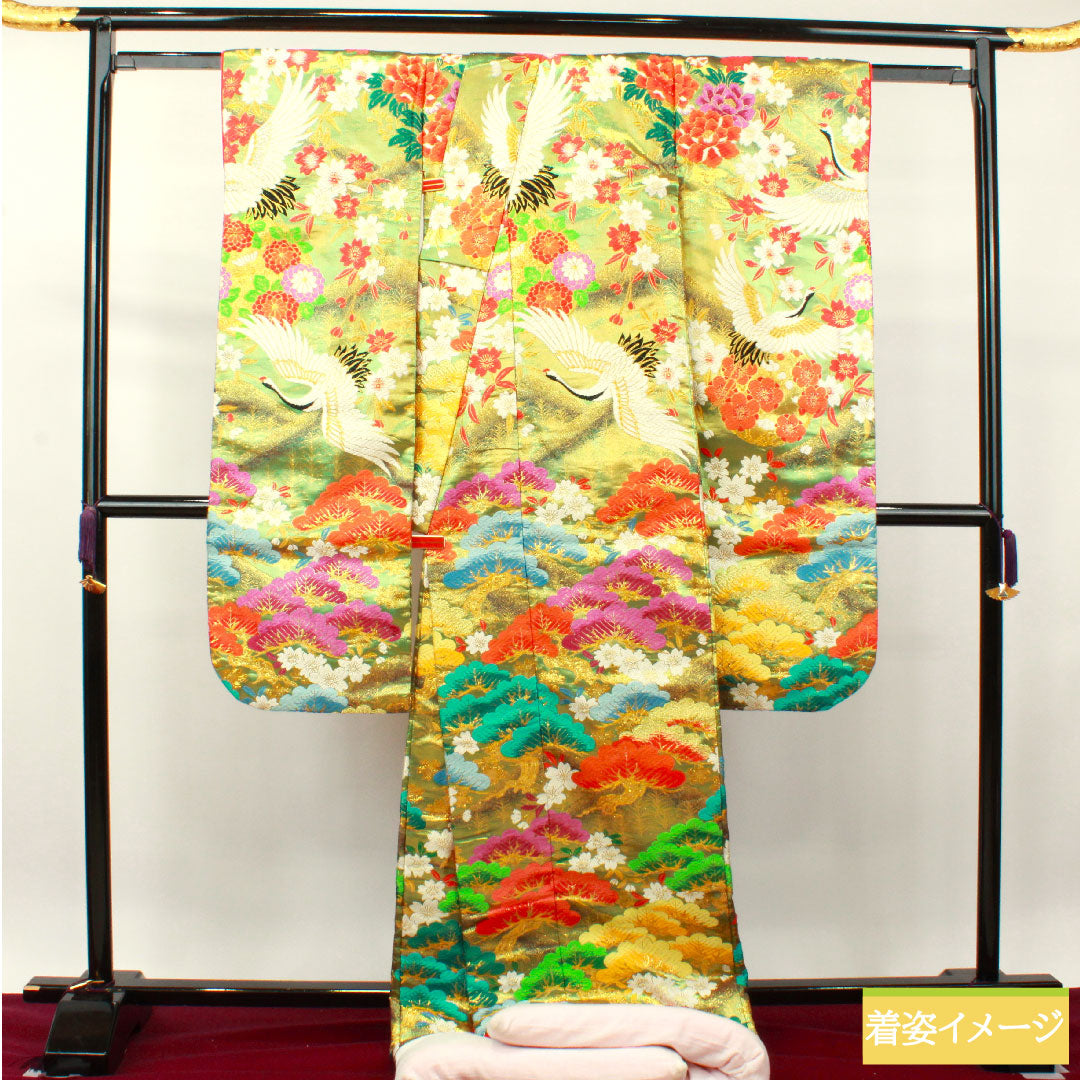 色打掛 正絹 身丈194cm 裄丈66cm  唐織 松 鶴 Sランク 袷 緑系 1110000702919