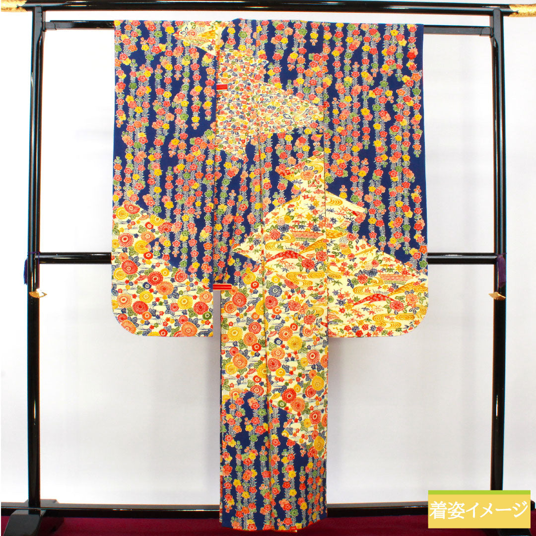 振袖 正絹 身丈157.5cm 裄丈62.5cm 袷 濃紺色（のうこんいろ） 京紅型 吉祥文様 Sランク 紺系 1113002082318