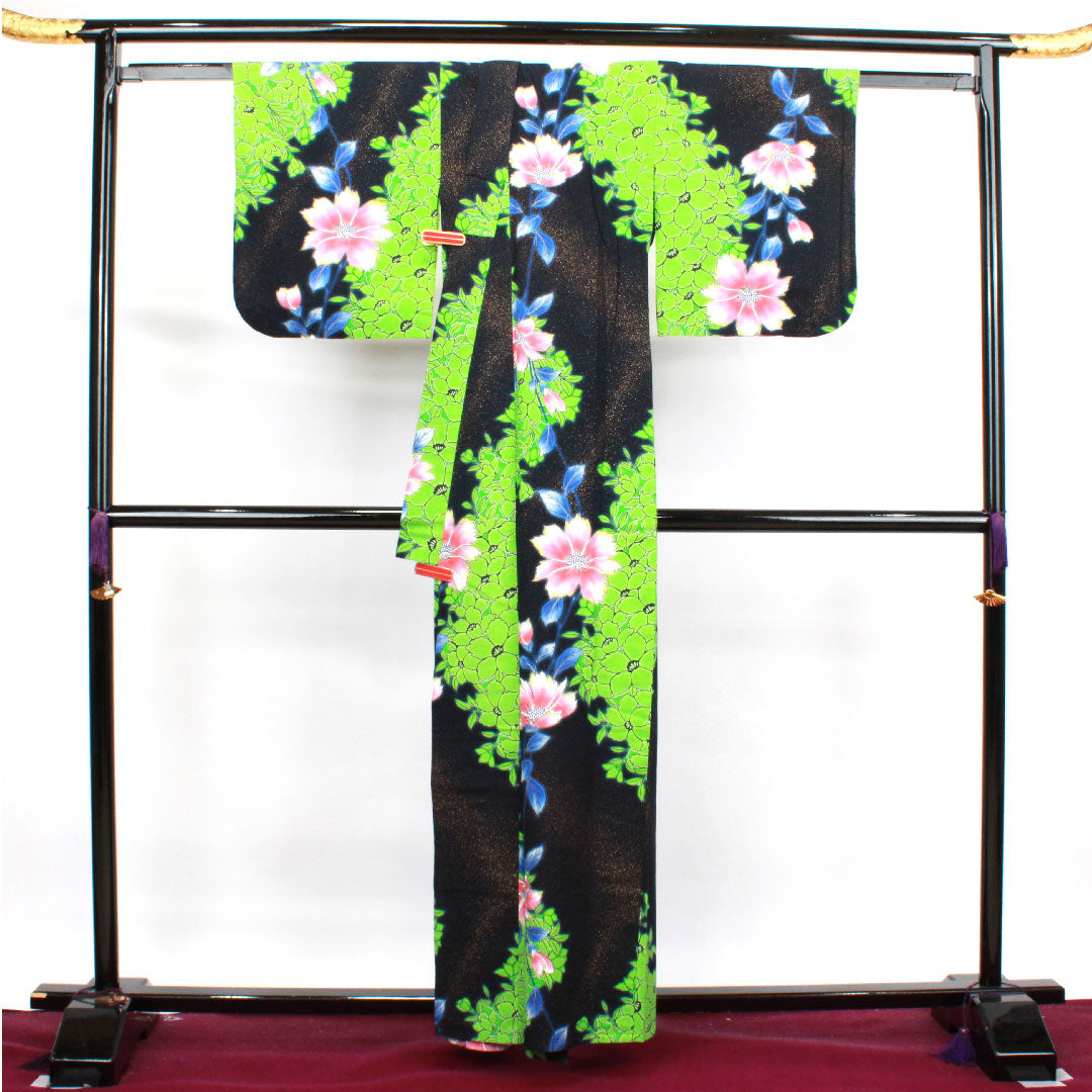 Yukata, floral pattern, cotton, S rank, single layer, length 159.5cm, sleeve length 65cm, black, 1118003332310