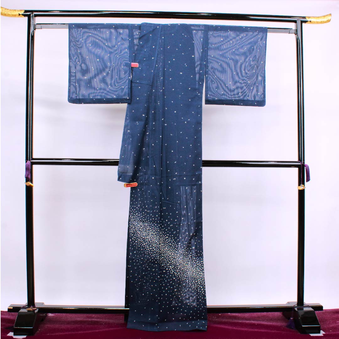 夏物 ポリエステル 訪問着 身丈166.5cm 裄丈66.5cm 韓藍色（からあいいろ）幾何学模様 絽 Aランク 紺系 1132000073518