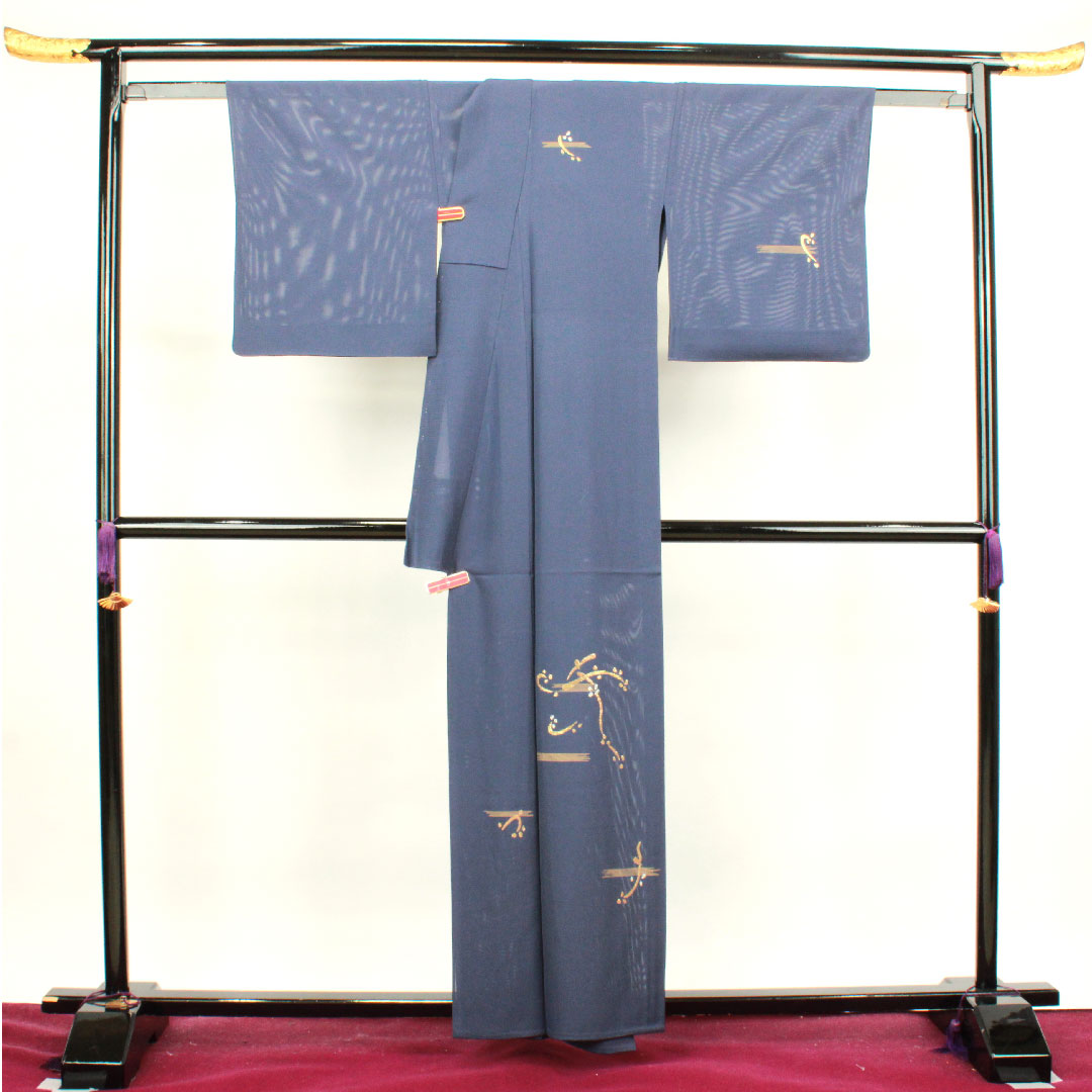 Visiting kimono, summer, length 158cm, sleeve length 66cm, dark color, silk, Takeyamachi embroidery, abstract pattern, bellflower with three scales, pure silk, S rank, navy blue, 1112002772318
